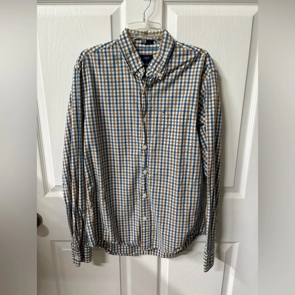 J. Crew Men's Blue and Tan Plaid Shirt Size Medium